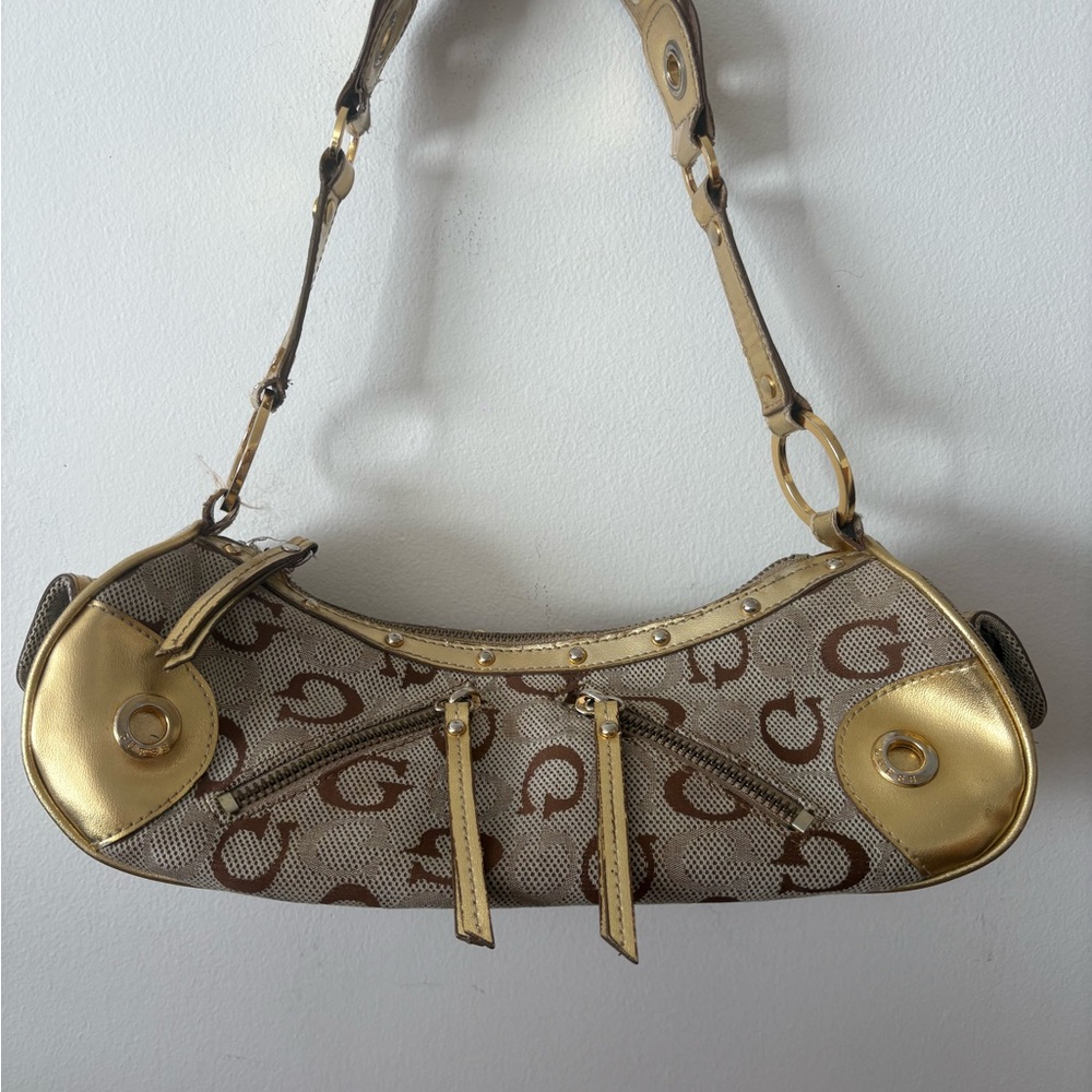 Guess Gold and Brown Logo Shoulder Bag